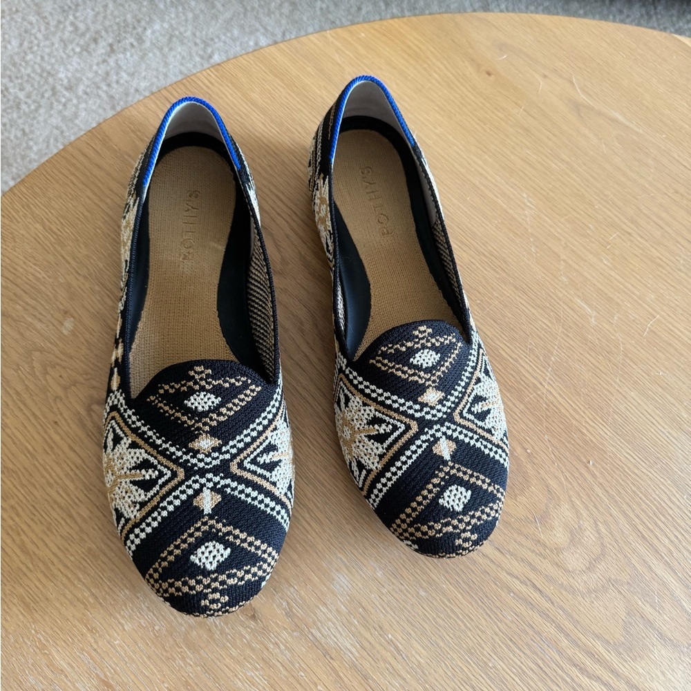 Rothy's Black and Cream Flats with Geometric Design
